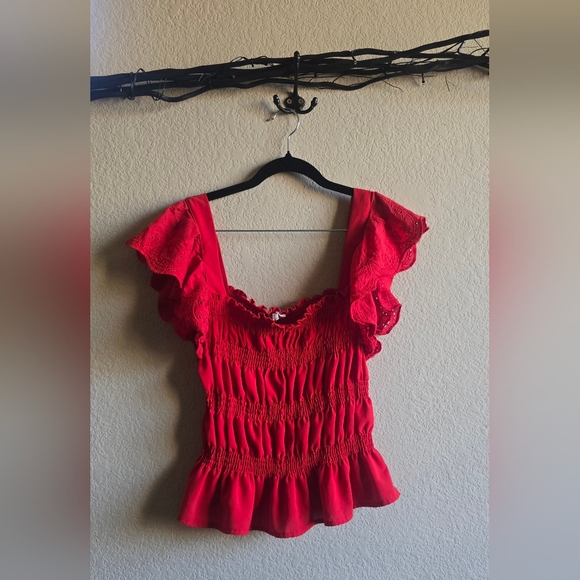 sunburst kiss Tops - ✨️ 2/$10 ✨️ Red Smocked Crop Top with Ruffled Sleeves - cottagecore - girlycore